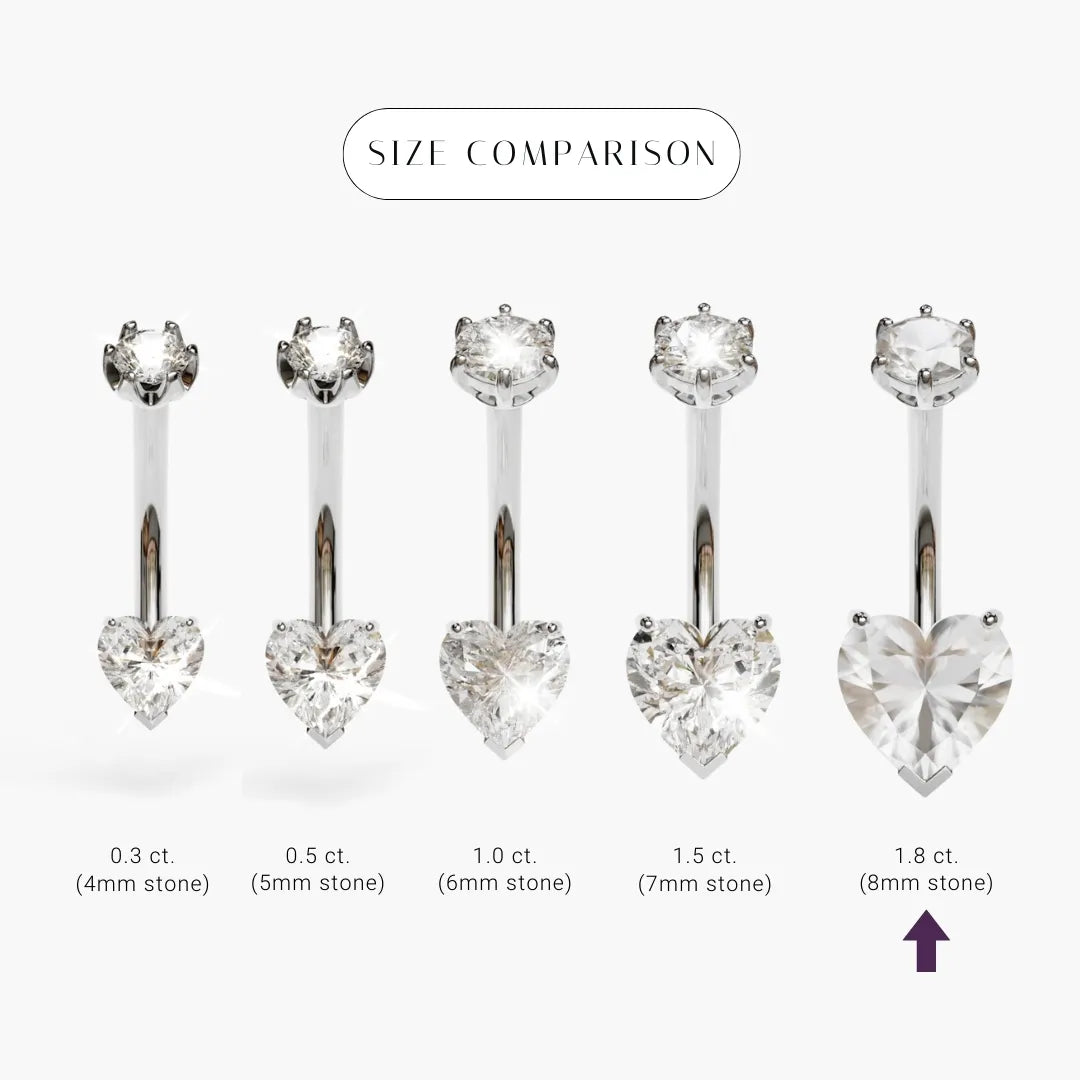Size comparison for the Heart Topaz in palladium white gold, the 8x8mm heart marked