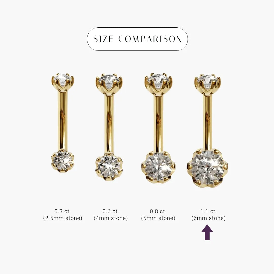 Orchid 1.1 ct Moissanite size comparison in 14k yellow gold: the 6mm stone marked among its sizes