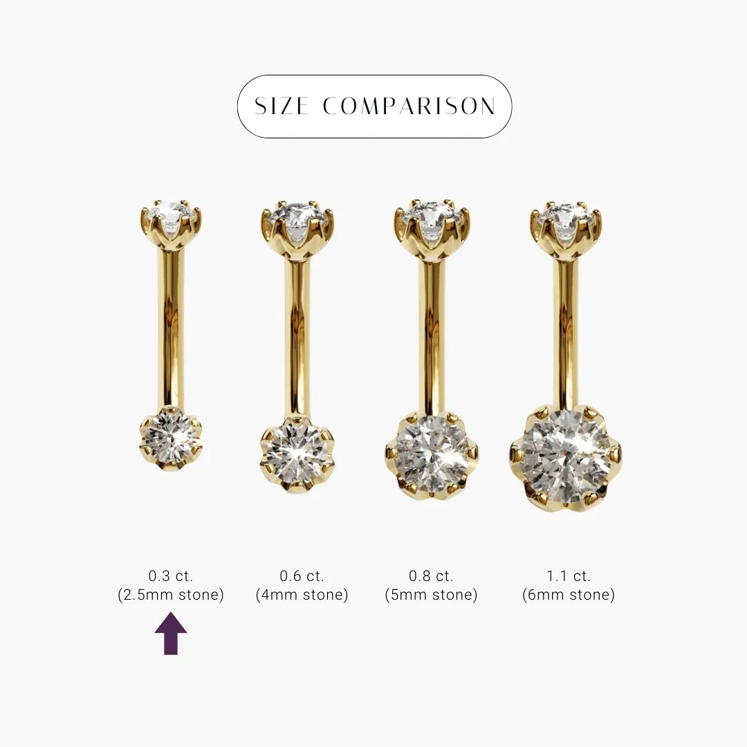 Orchid 0.3 ct Moissanite size comparison in 18k yellow gold: the 2.5mm stone marked among its sizes