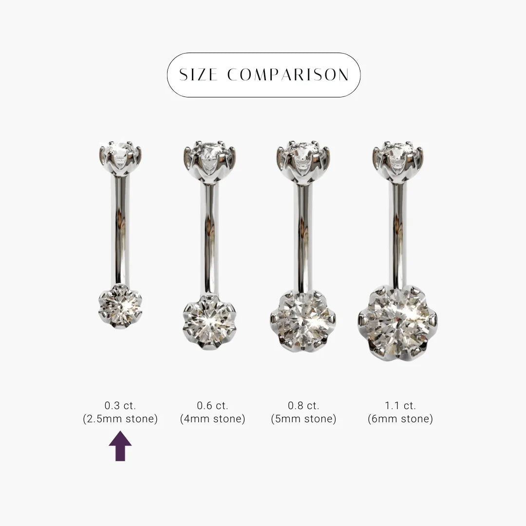 Size comparison for the Orchid 0.3 ct Moissanite in 14k white gold, the 2.5mm round marked