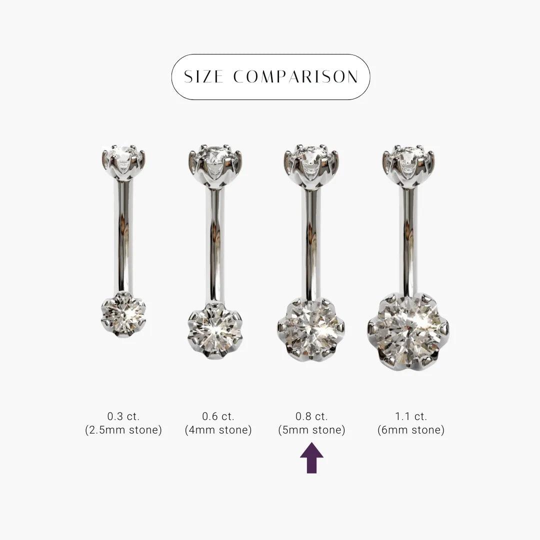 Size comparison for the Orchid 0.8 ct Moissanite in 14k white gold, the 5mm round marked