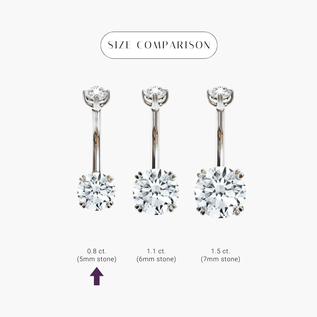 Size comparison for the La Seule 0.8 ct in 18k white gold: 5mm, 6mm and 7mm stones side by side, the 5mm marked