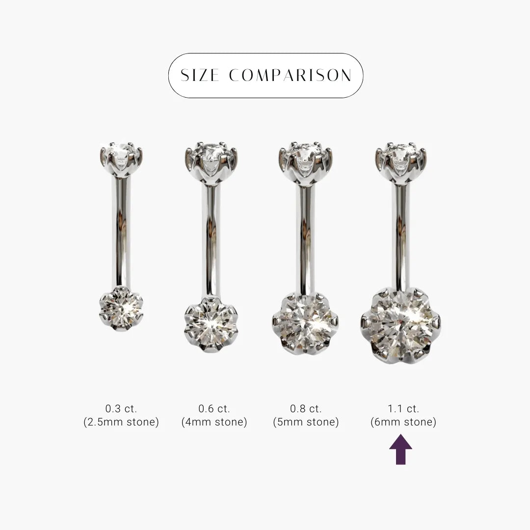 Size comparison for the Orchid 1.1 ct Moissanite in 14k white gold, the 6mm round marked