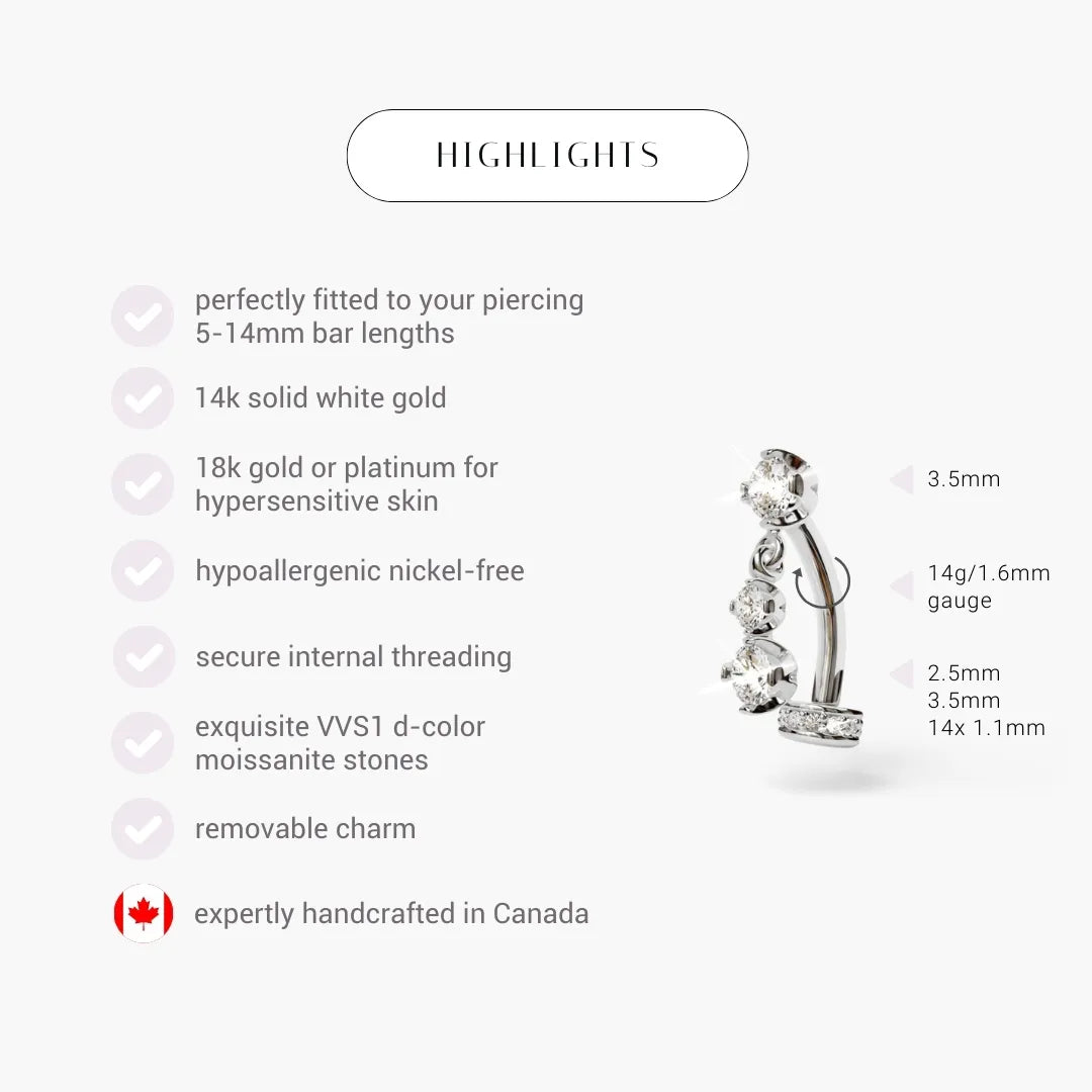 Floating Disk Dangle Moissanite Belly Ring White Gold