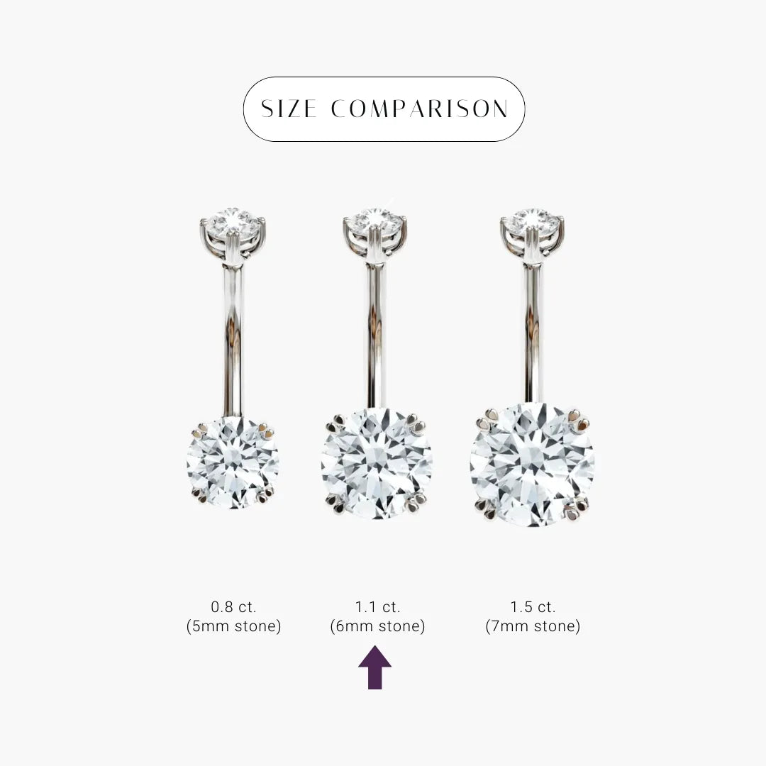 Size comparison for the La Seule 1.1 ct in platinum: 5mm, 6mm and 7mm stones side by side, the 6mm marked