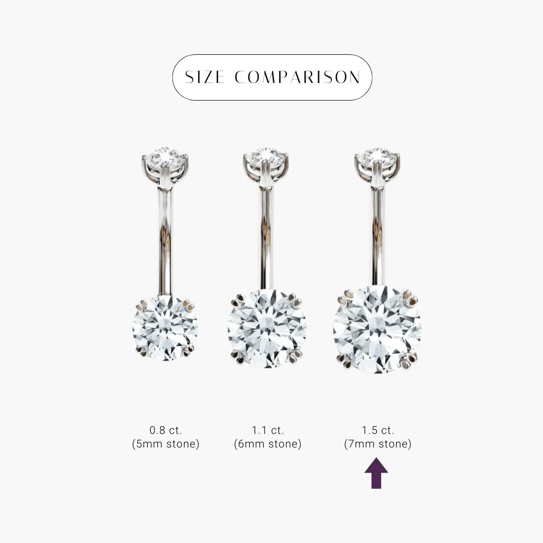 Size comparison for the La Seule 1.5 ct in platinum: 5mm, 6mm and 7mm stones side by side, the 7mm marked