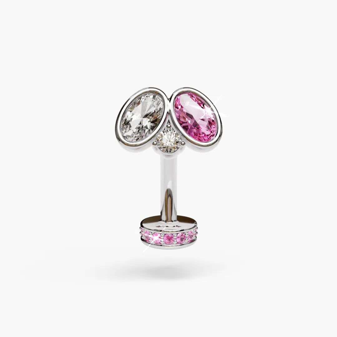 Palladium white gold Toi et Moi Pink Lady Lab Sapphire navel ring with the optional pavé disk upgrade