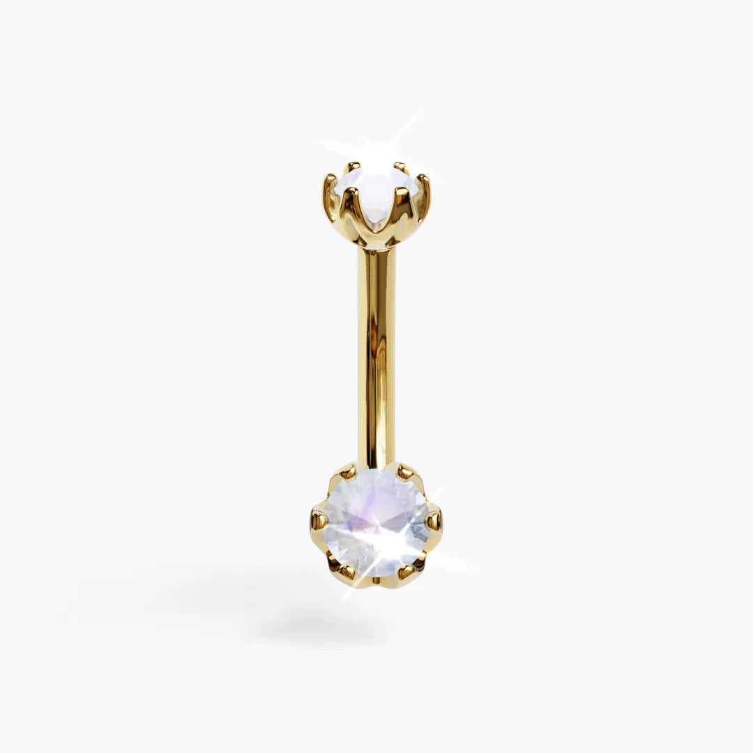 Jolie Co Orchid 5mm Moonstone everyday belly ring in yellow gold: a milky 5mm round moonstone in orchid-petal prongs below a 4mm top