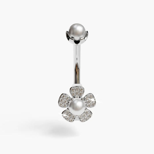 Wildflower Dome Pearl Belly Ring White Gold
