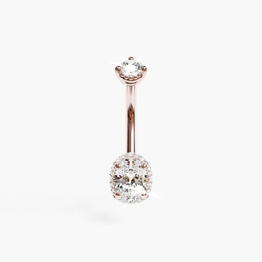 Rose gold La Femme Oval Pavé 0.9 ct navel ring, 7x5mm oval lab diamond with pavé on every side