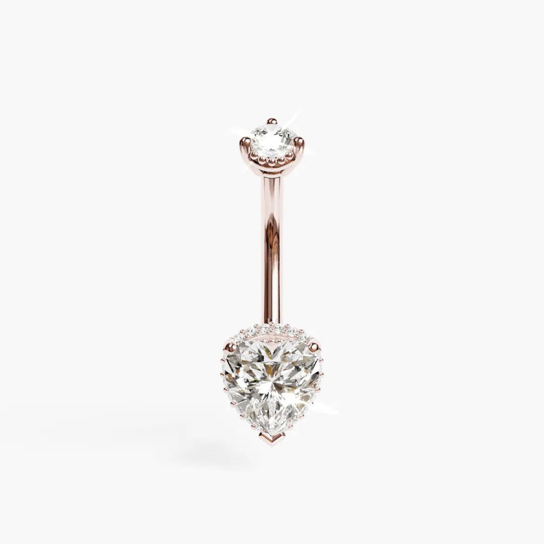 La Femme Heart Pavé 1.5 ct navel ring in 14k rose gold, a 7mm heart framed in pavé