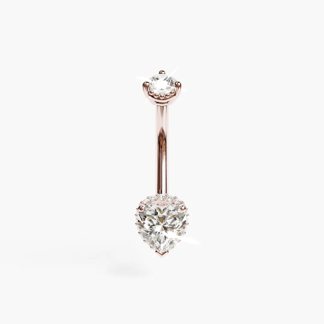 Rose gold La Femme Heart Pavé 1.0 ct navel ring, 6mm heart lab diamond with pavé on every side
