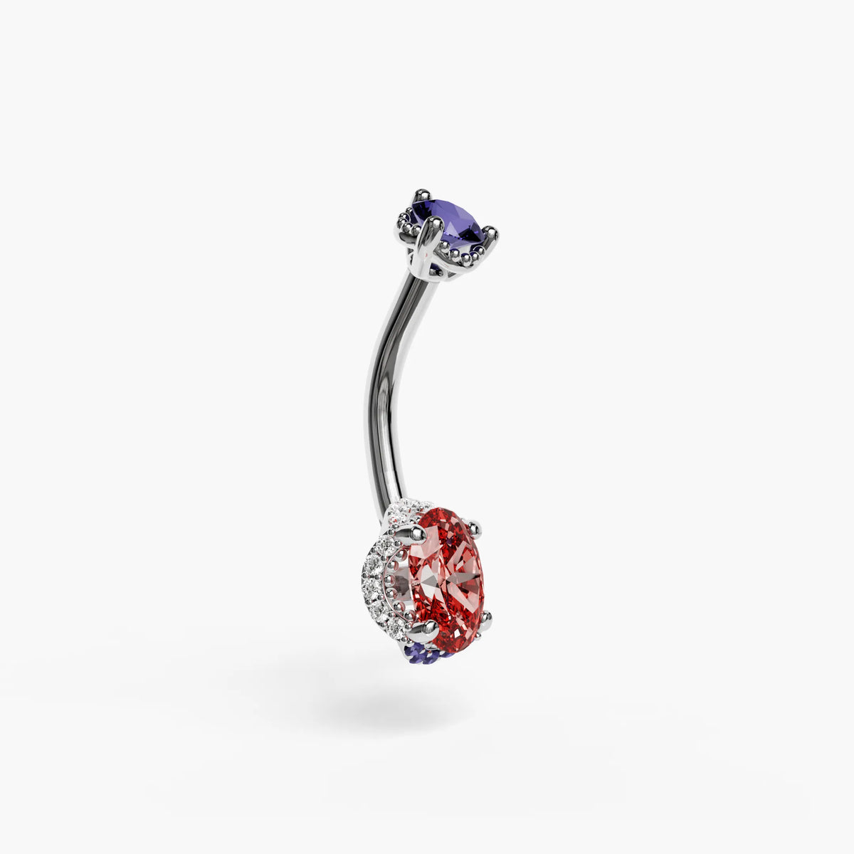 Platinum La Femme Ember from the side, the lab padparadscha sapphire floating in its halo