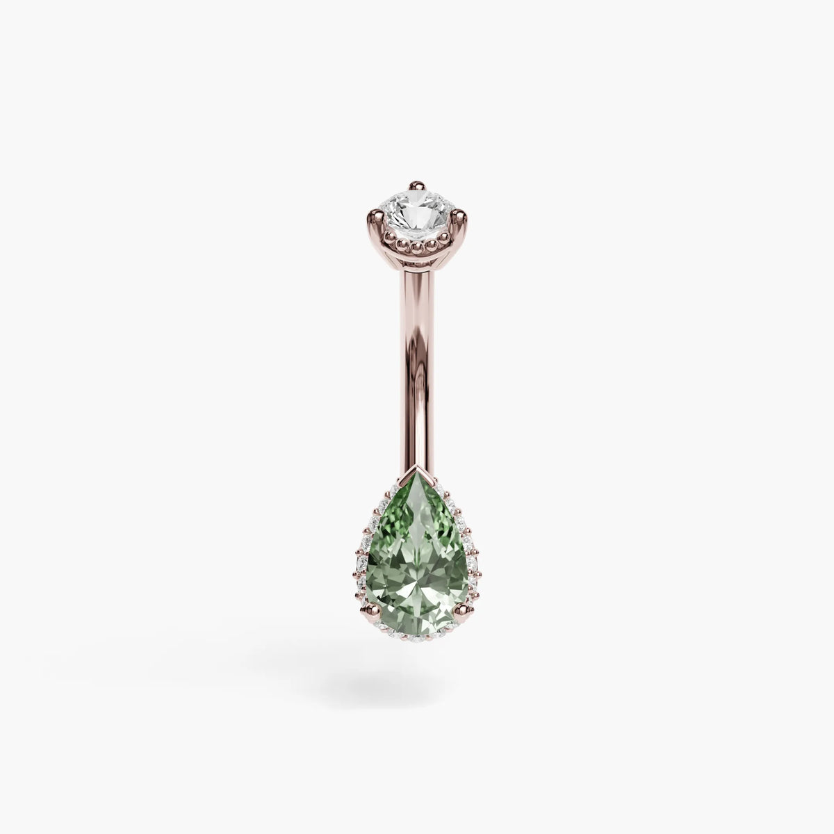 La Femme Tear Ivy navel ring in 14k rose gold, a soft green lab sapphire pear with a lab diamond top