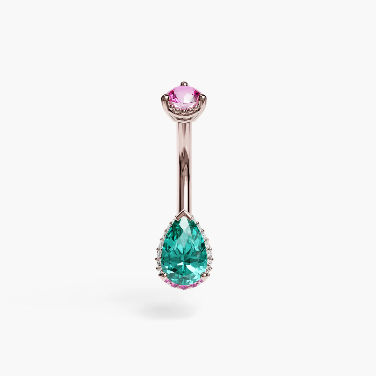 La Femme Tear Siren Blush navel ring in 14k rose gold, pink lab sapphire top warming the blue-green pear