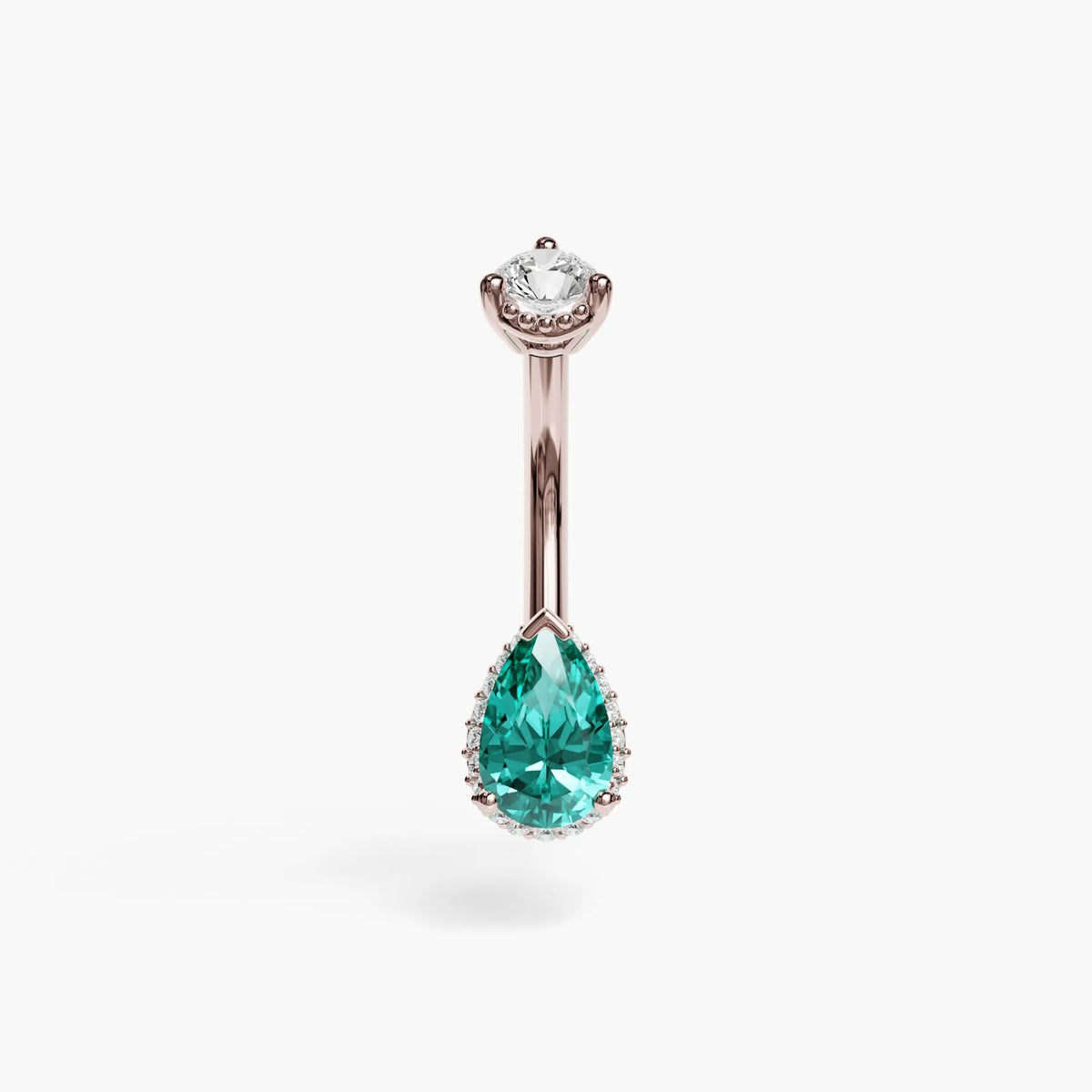 La Femme Tear Siren navel ring in 14k rose gold, an electric blue-green lab paraiba pear with a lab diamond top