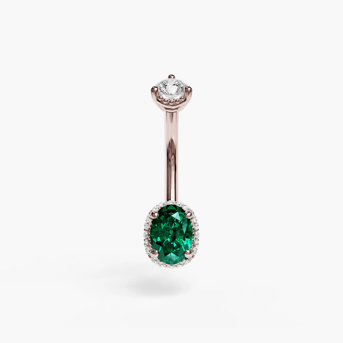 La Femme Oval Envy Pavé navel ring in 14k rose gold, green lab emerald oval with a lab diamond top