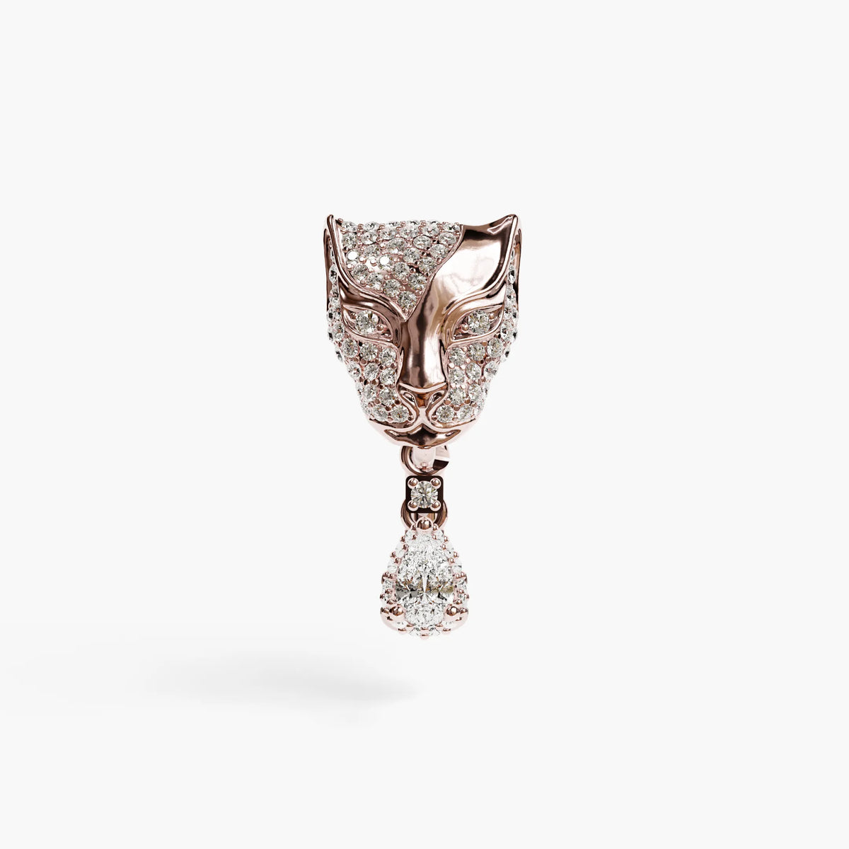 Rose gold Sauvage Bare navel ring shown with a pear-cut stone below the leopard