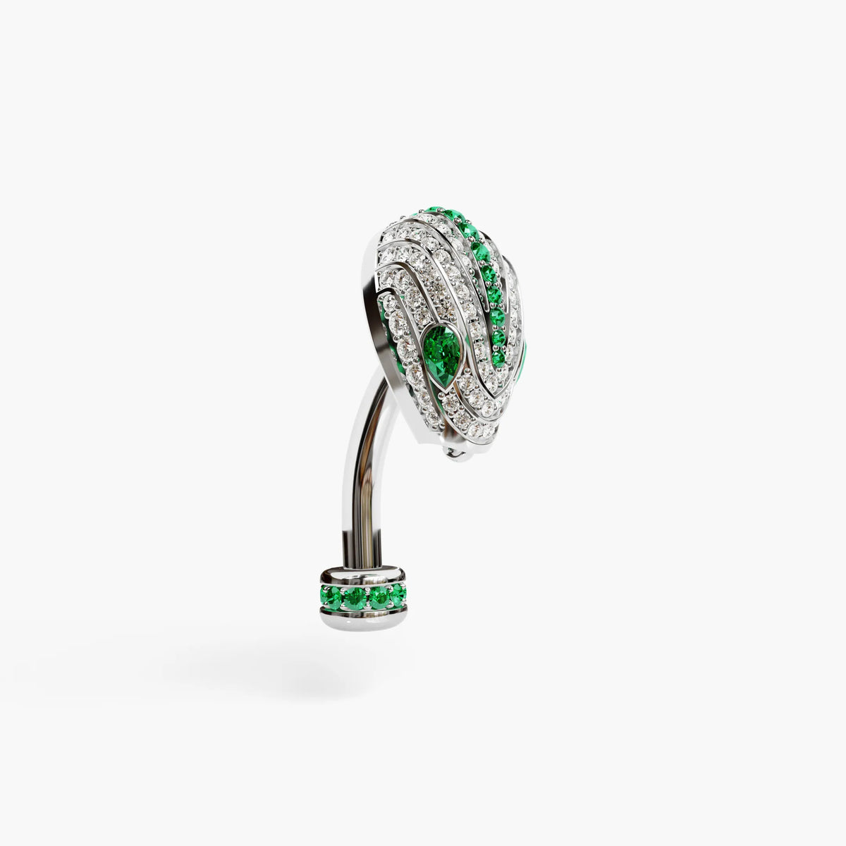 Side profile of the 14k white gold Lure Envy belly button ring, curved to sit above the navel