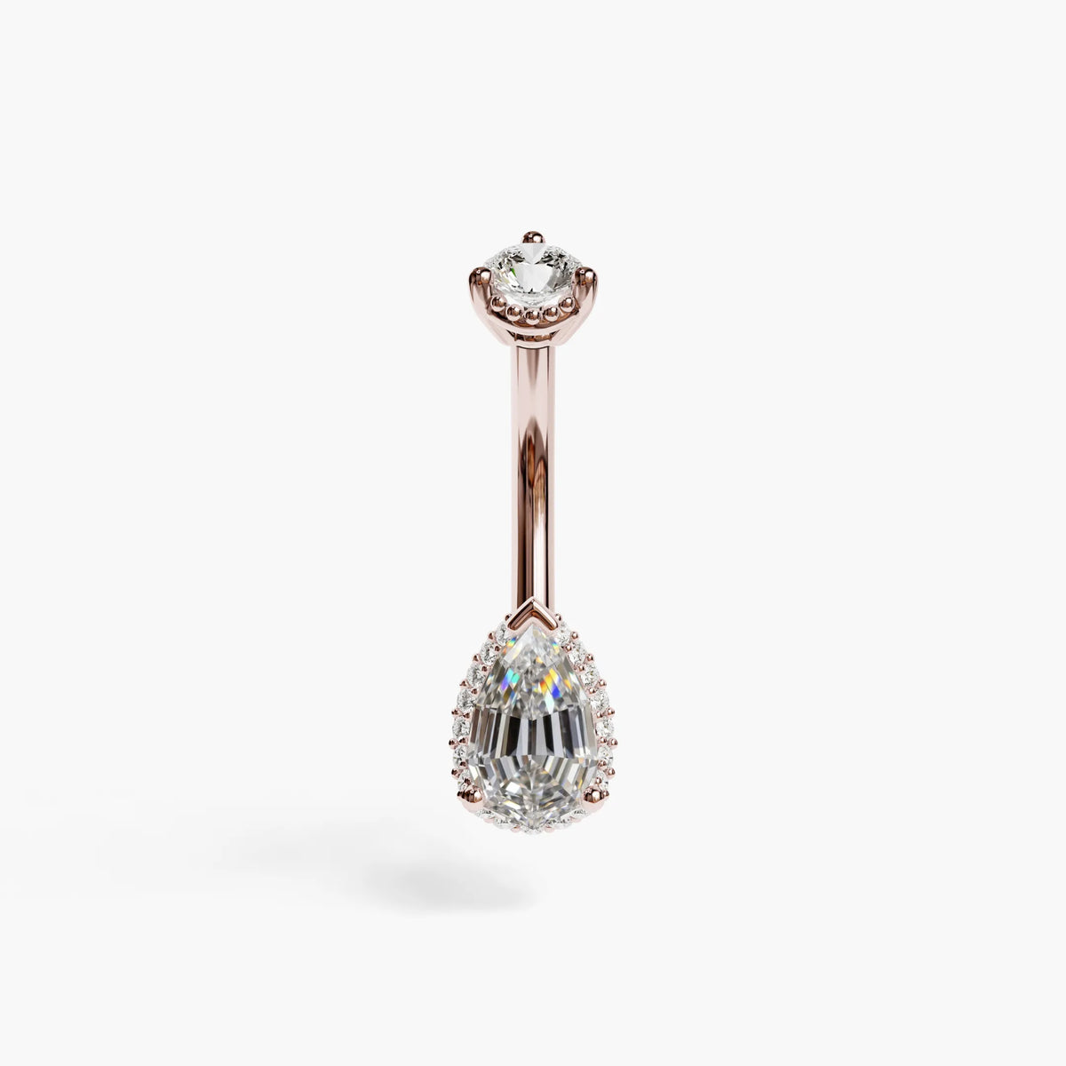 La Femme Pavé 1.0 ct step-cut lab diamond belly ring in 14k rose gold, clean step facets in a pavé surround