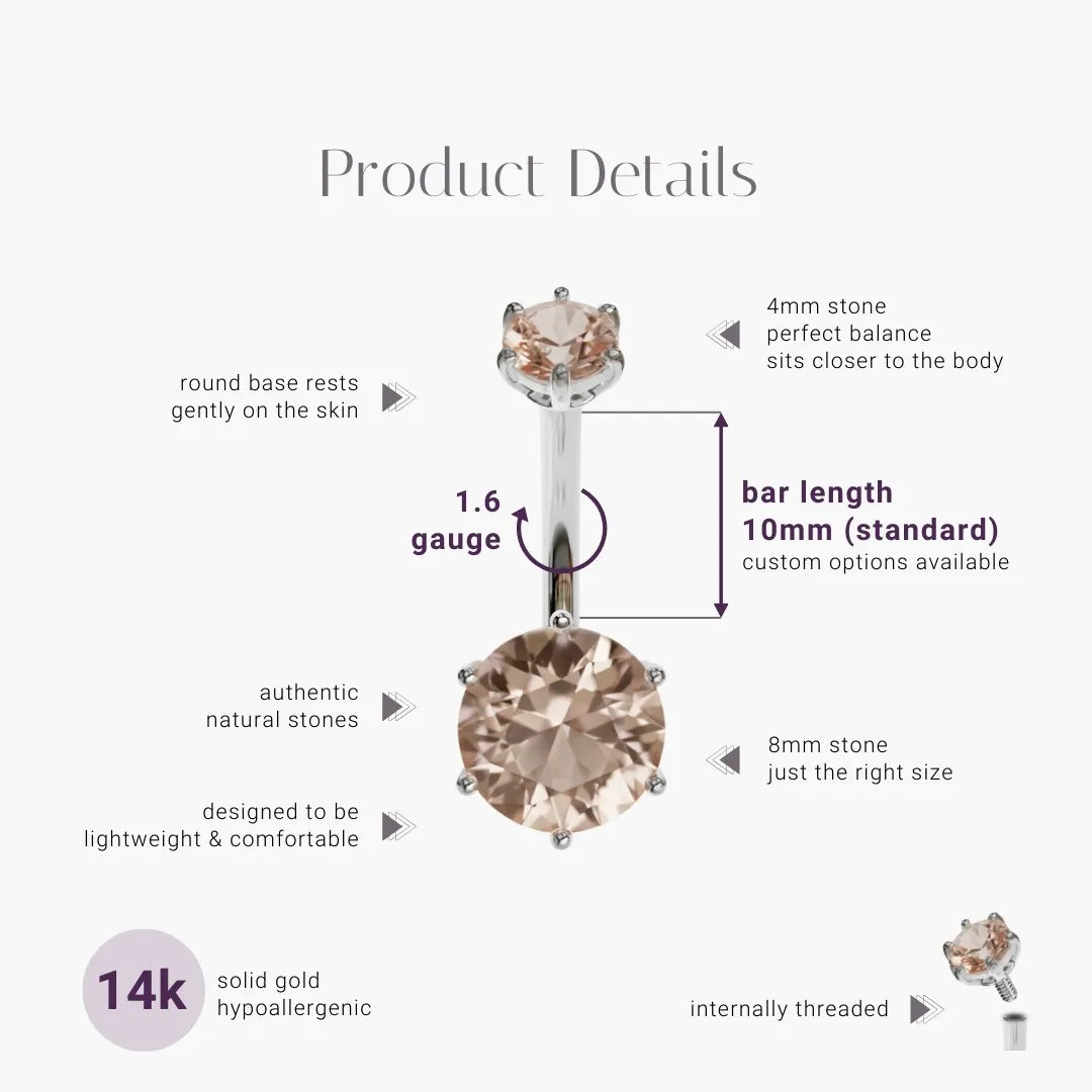 Orb 8mm Morganite product details: a 4mm top and an 8mm round morganite, natural stones, a gentle round base, 4 to 16mm bar lengths