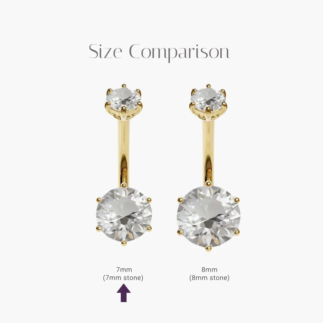 Orb 7mm Topaz size comparison in 18k yellow gold, the 7mm stone marked among the 7mm and 8mm sizes