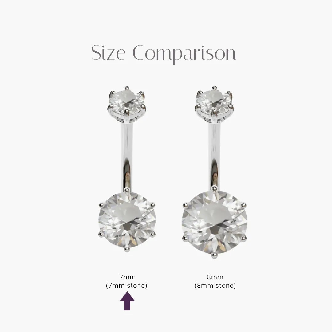 Size comparison for the Orb 7mm Topaz in palladium white gold: 7mm and 8mm stones side by side, the 7mm marked