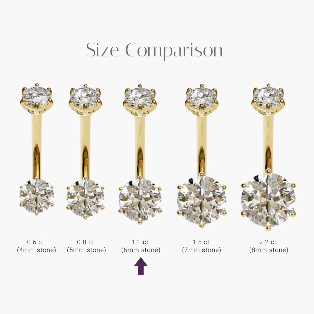 Orb 1.1 ct size comparison in 18k yellow gold, the 6mm stone marked among the 4mm to 8mm sizes