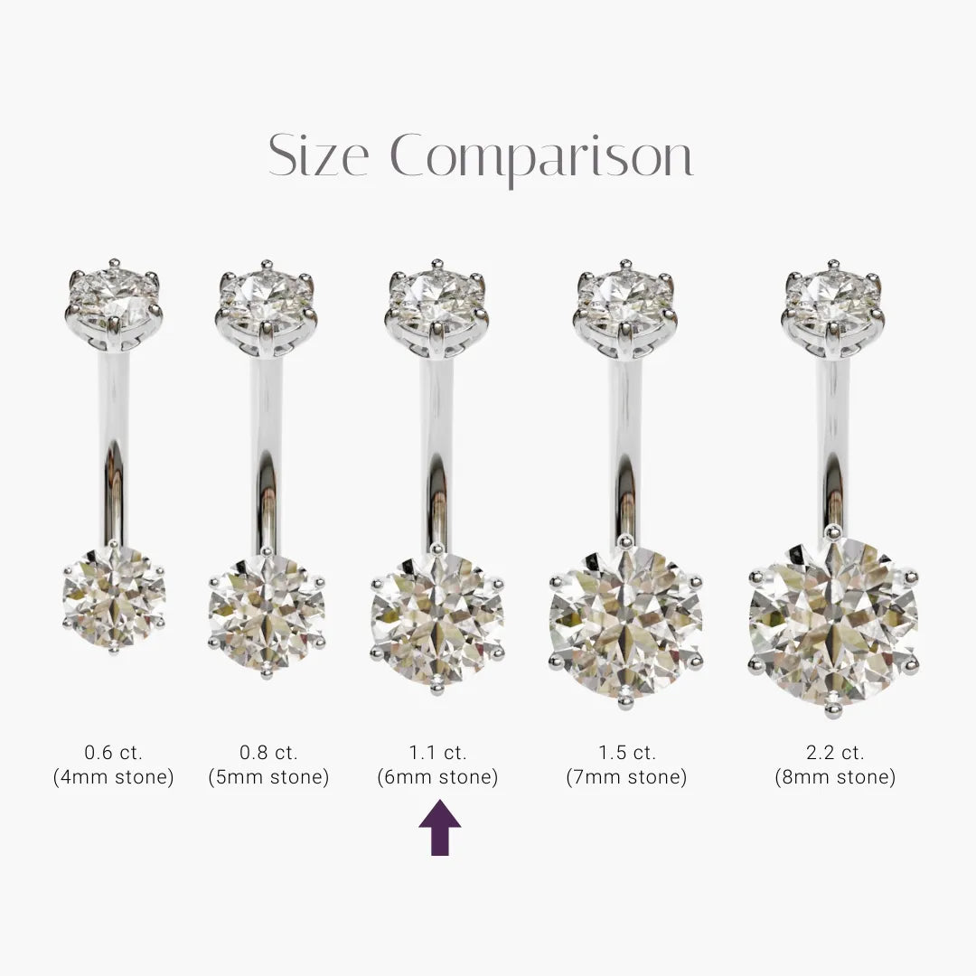 Size comparison for the Orb 1.1 ct in palladium white gold: 4mm to 8mm stones side by side, the 6mm marked