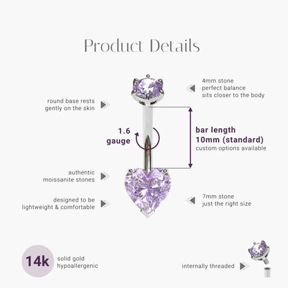 Purple Rain 1.5 ct. Heart Moissanite Belly Ring White Gold