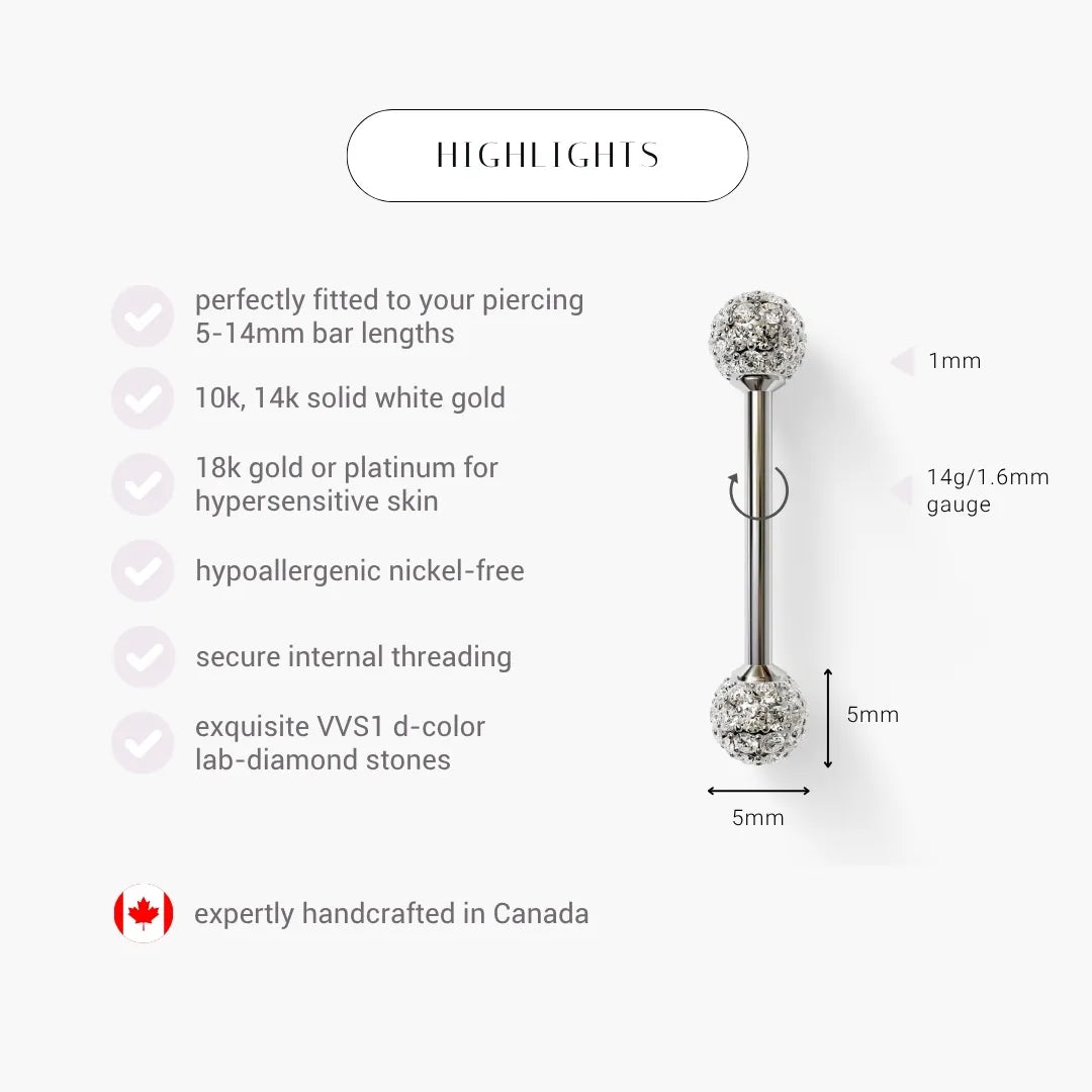 Pave Diamond Nipple Barbell White Gold