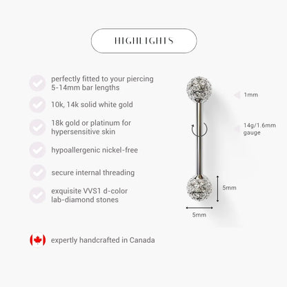 Pave Diamond Nipple Barbell White Gold