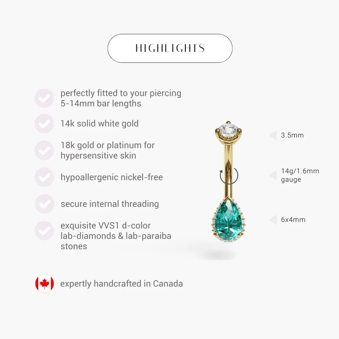 Gold belly button ring with green gemstone and lab diamonds on a white background with product details.