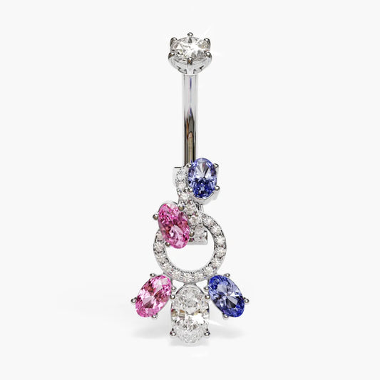 Toi et Moi Pink Blue Dome Moissanite Belly Ring White Gold