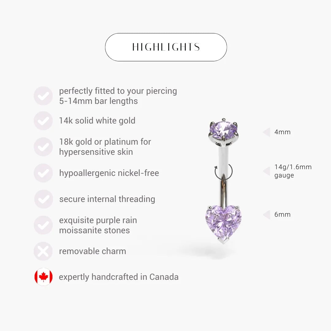 Purple Rain 1.0 ct. Heart Moissanite Belly Ring White Gold