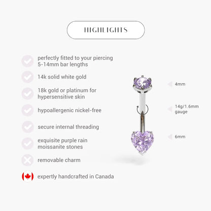 Purple Rain 1.0 ct. Heart Moissanite Belly Ring White Gold