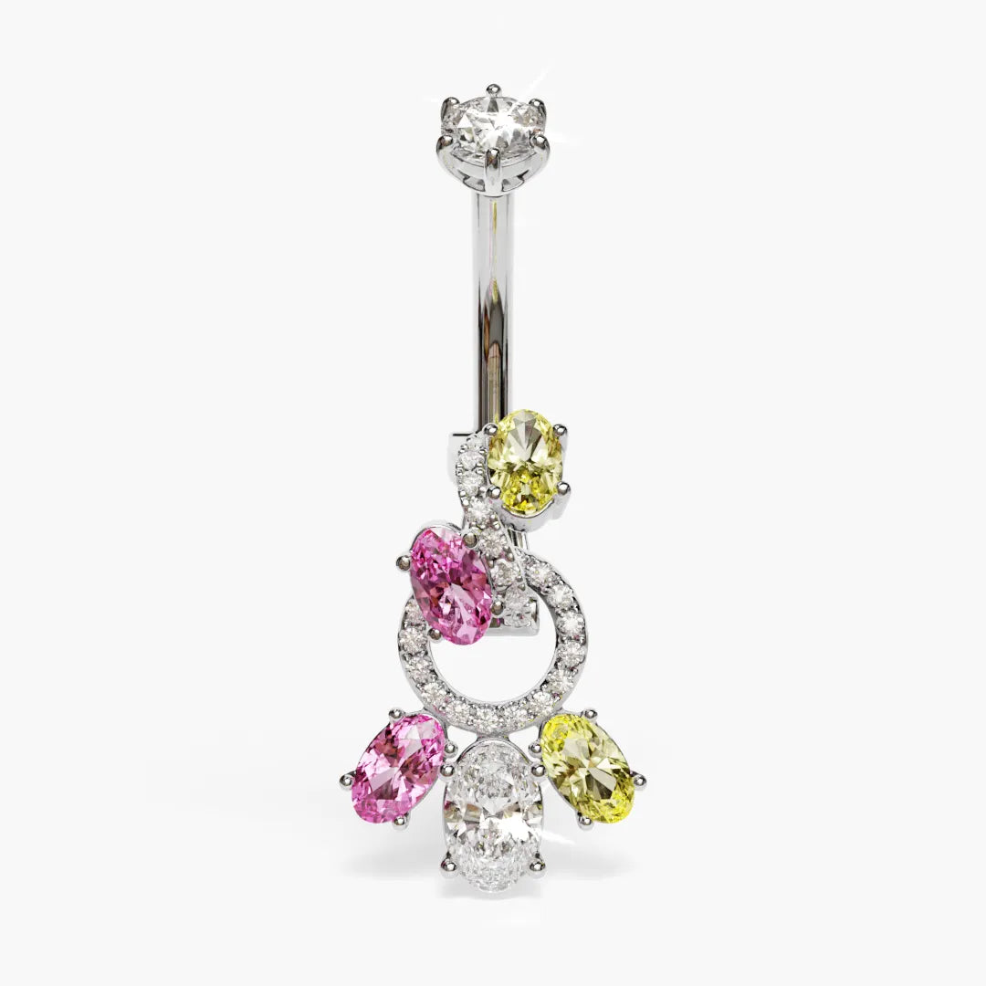 Toi et Moi Pink Yellow Dome Moissanite Belly Ring White Gold