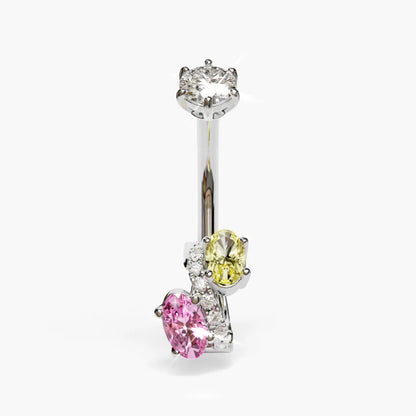 Toi et Moi Pink Yellow Dome Moissanite Belly Ring White Gold