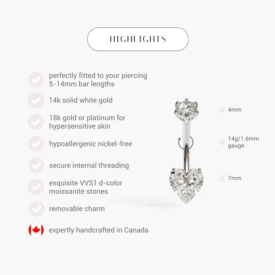 Heart 1.5 ct. Moissanite Belly Ring White Gold