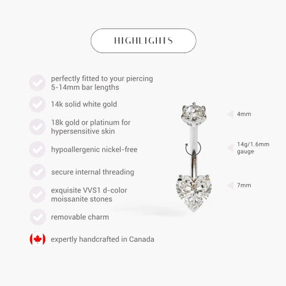 Heart 1.5 ct. Moissanite Belly Ring White Gold