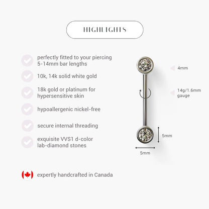 Bezel Diamond Nipple Barbell White Gold