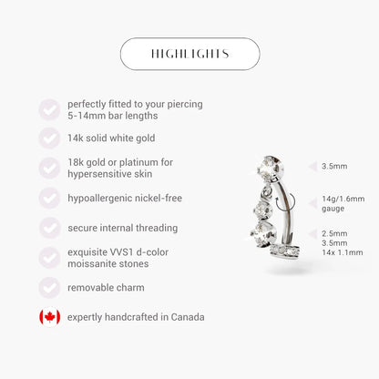 Floating Disk Dangle Moissanite Belly Ring White Gold