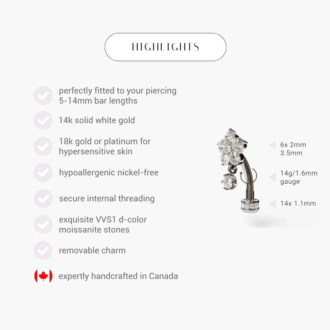 Sunflower Floating Moissanite Belly Ring White Gold