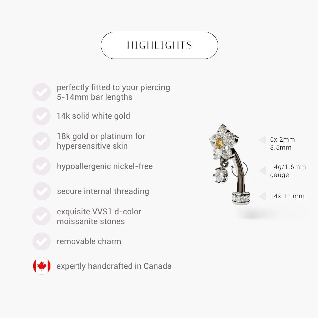 Sunflower Yellow Floating Moissanite Belly Ring White Gold