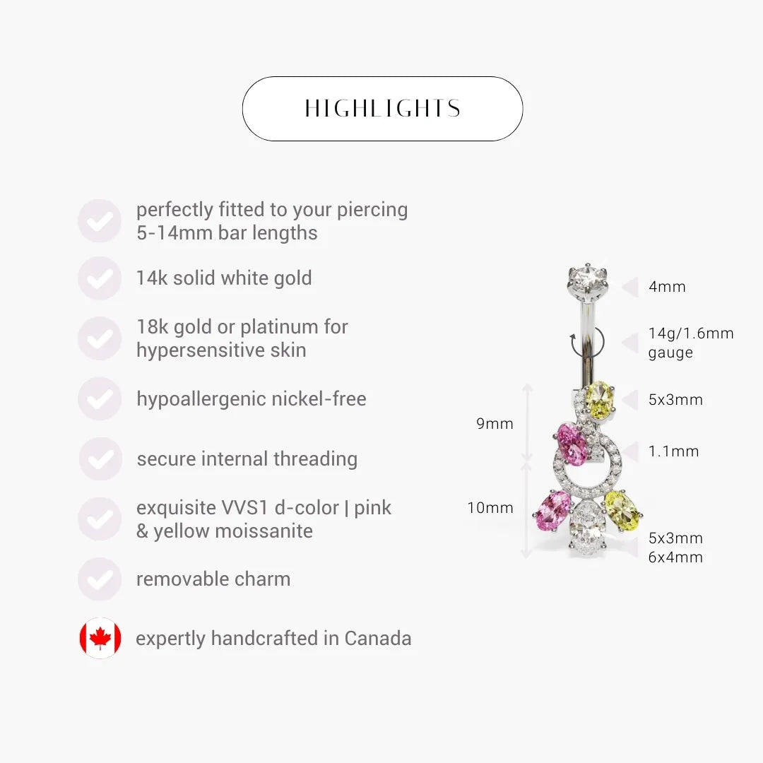 Toi et Moi Pink Yellow Dome Moissanite Belly Ring White Gold