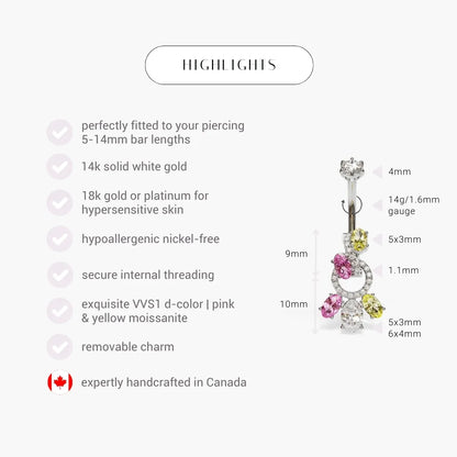 Toi et Moi Pink Yellow Dome Moissanite Belly Ring White Gold