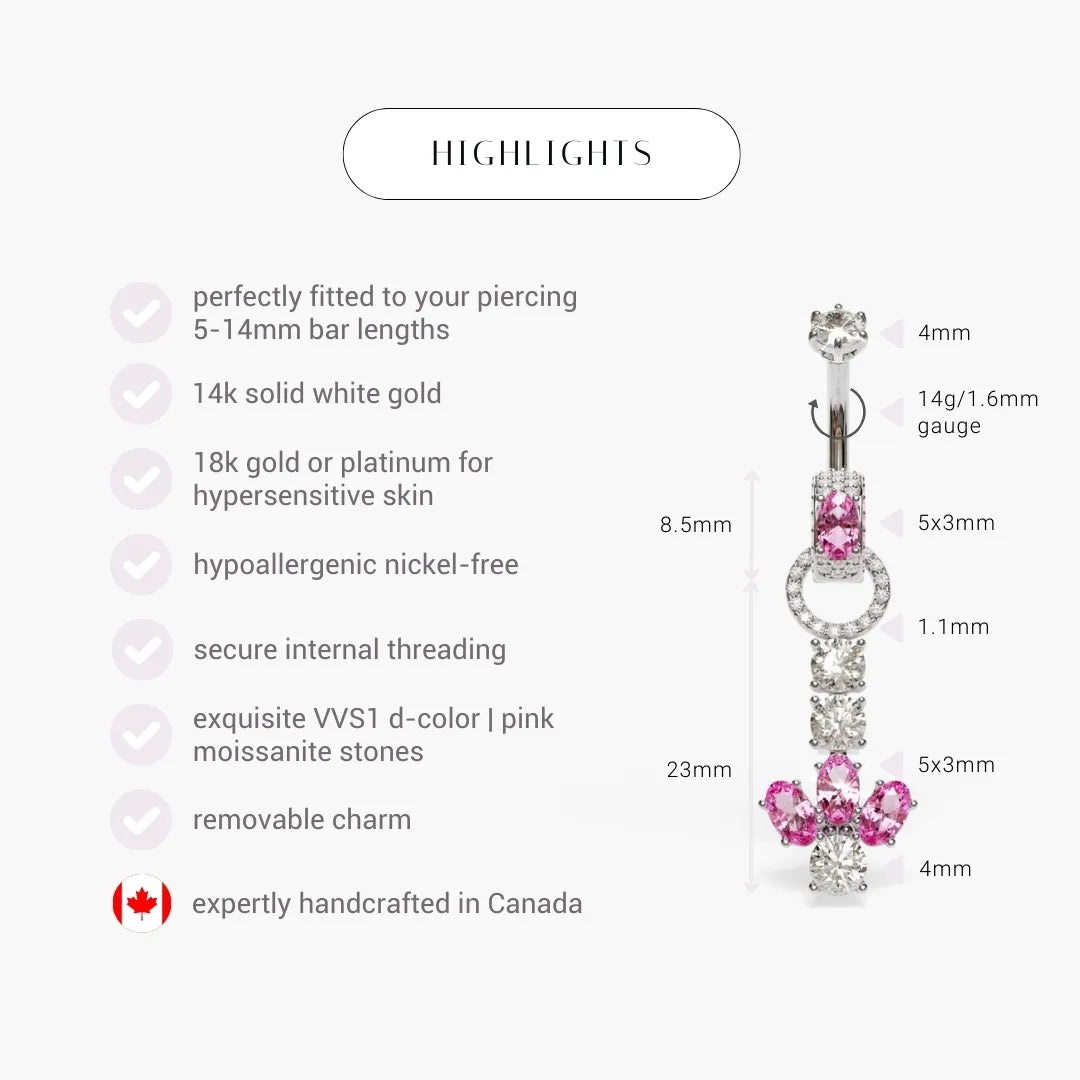 Angel Dome Pink Moissanite Belly Ring White Gold