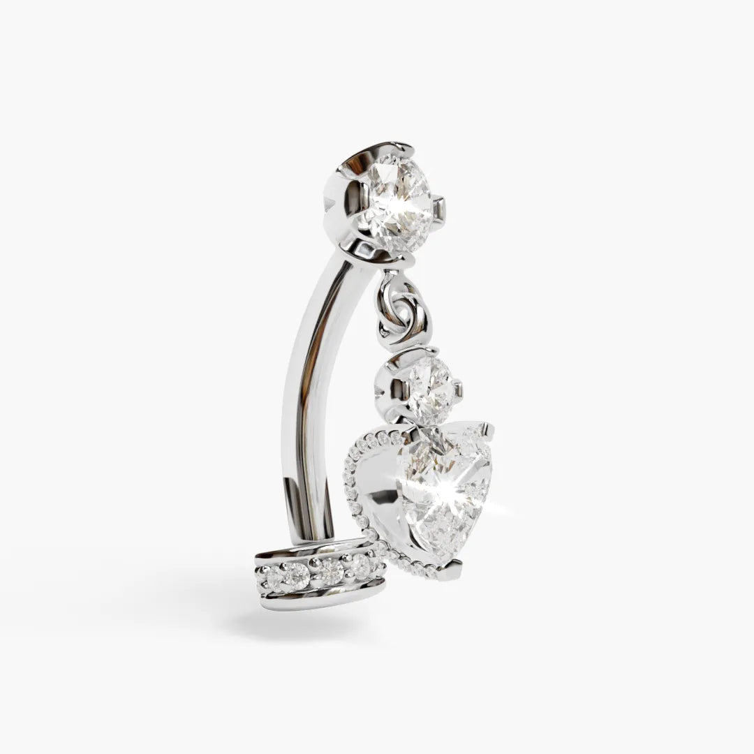 Floating Disk Heart Dangle Moissanite Belly Ring White Gold