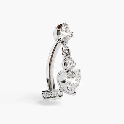 Floating Disk Heart Dangle Moissanite Belly Ring White Gold
