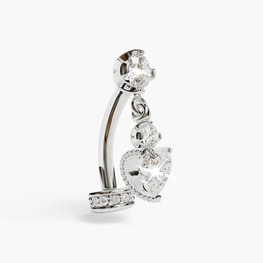 Floating Disk Heart Dangle Moissanite Belly Ring White Gold